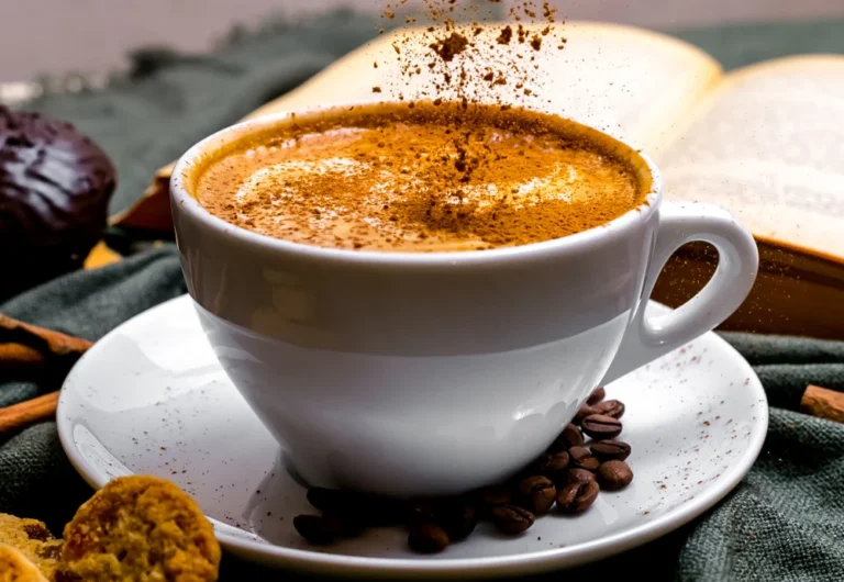 Cup of coffee with cinnamon and cookies, cozy atmosphere.