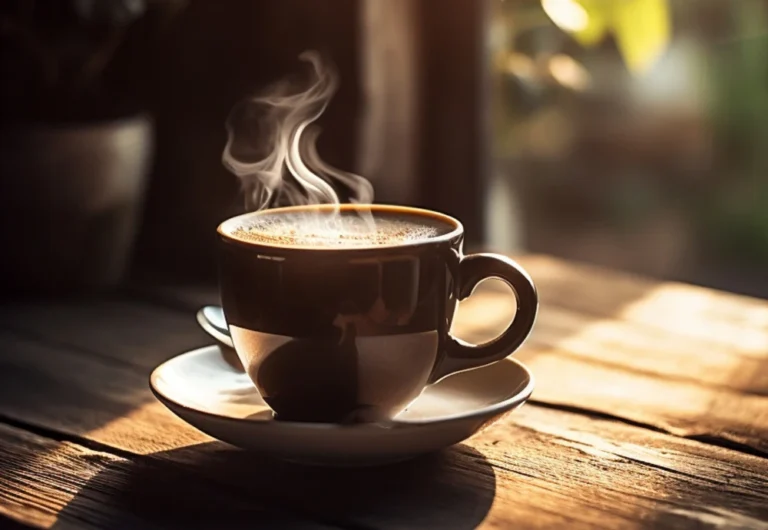 Steaming coffee cup on sunlit wooden table.