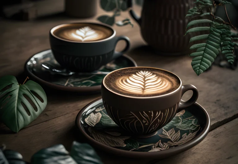 Artistic latte art in elegant ceramic cups, leafy backdrop.