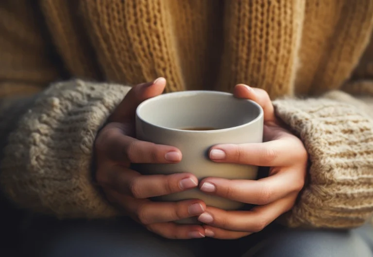 Person in sweater holding warm mug cozy hands.