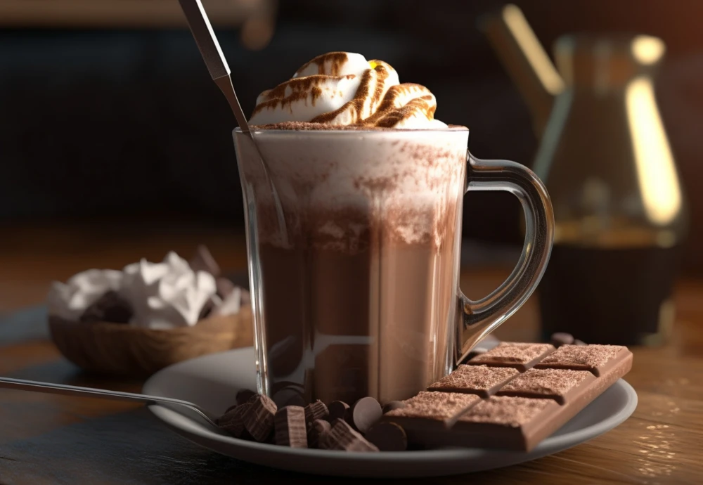 Hot chocolate with marshmallows and chocolate bar.