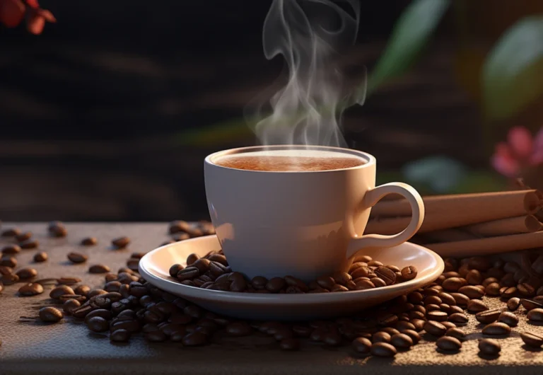 Steaming coffee cup surrounded by beans and cinnamon sticks.