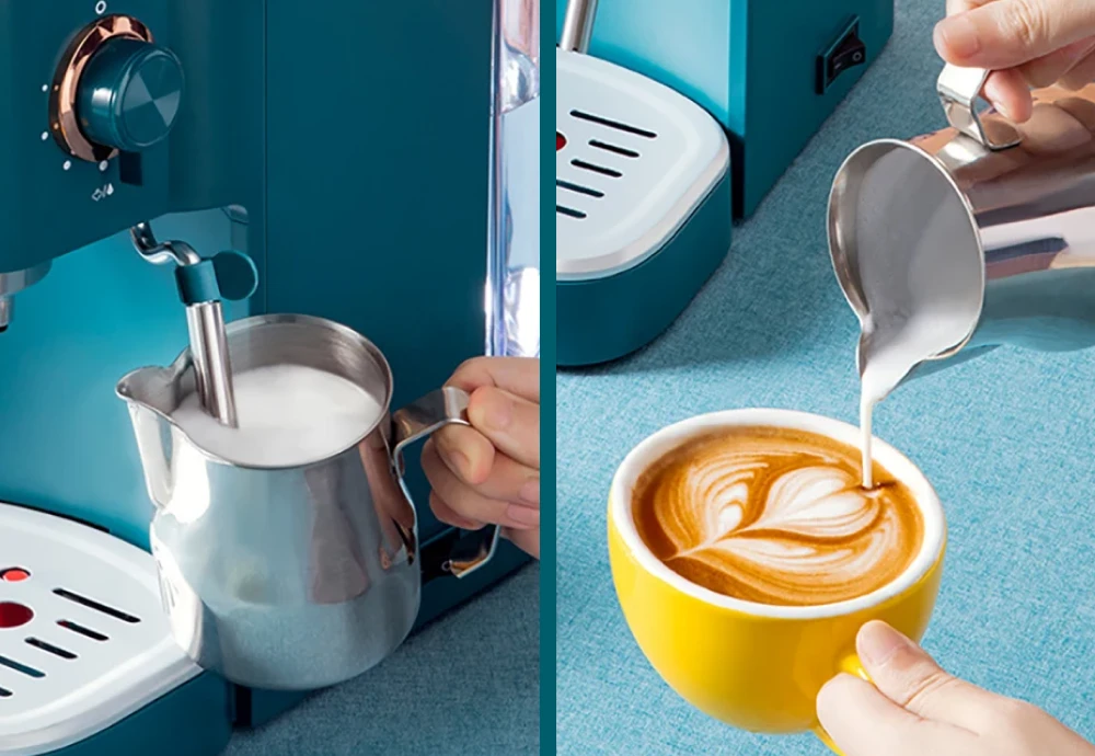 Steaming milk and pouring latte art in yellow cup.