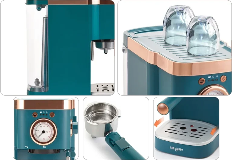 Teal espresso machine with accessories, including water reservoir.