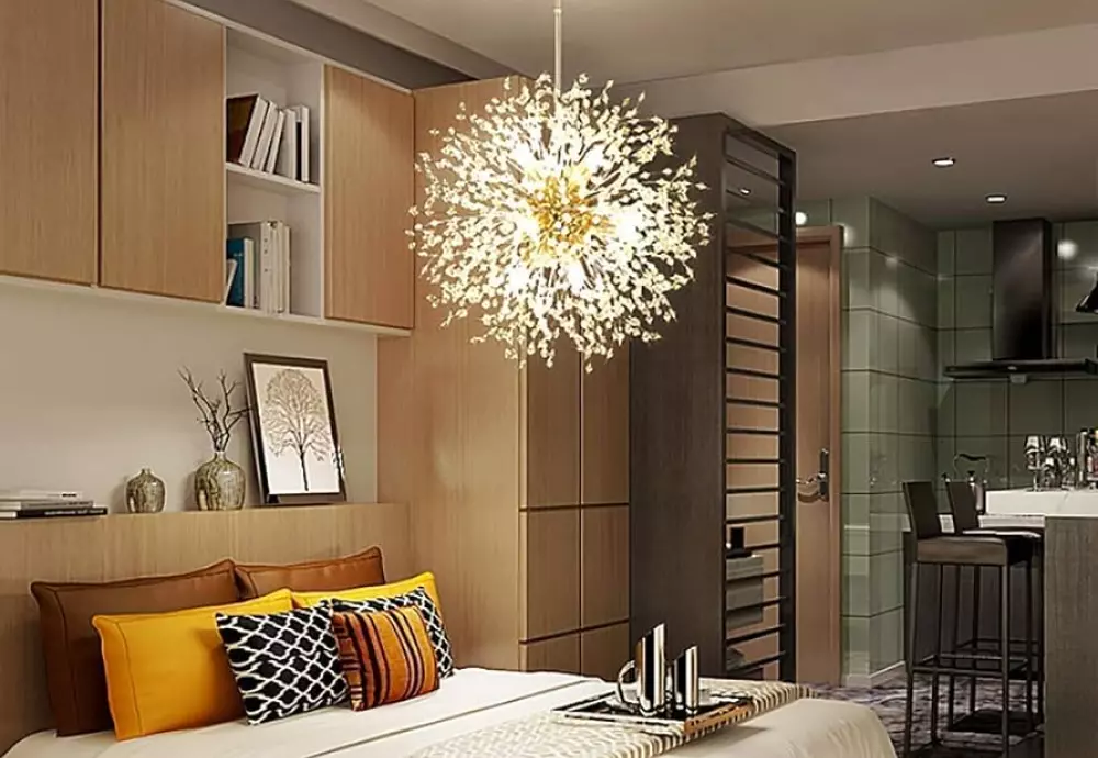 Modern bedroom with stylish chandelier and elegant wooden shelves.