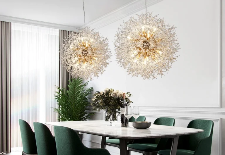 Elegant dining room with stunning starburst chandeliers.