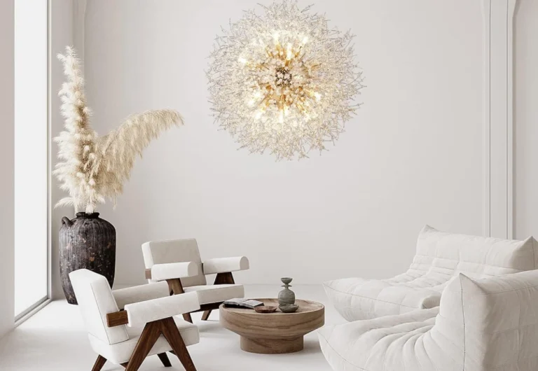 Minimalist living room with striking light fixture and neutral tones.