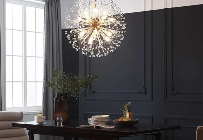 Modern chandelier in elegant dining room setting.