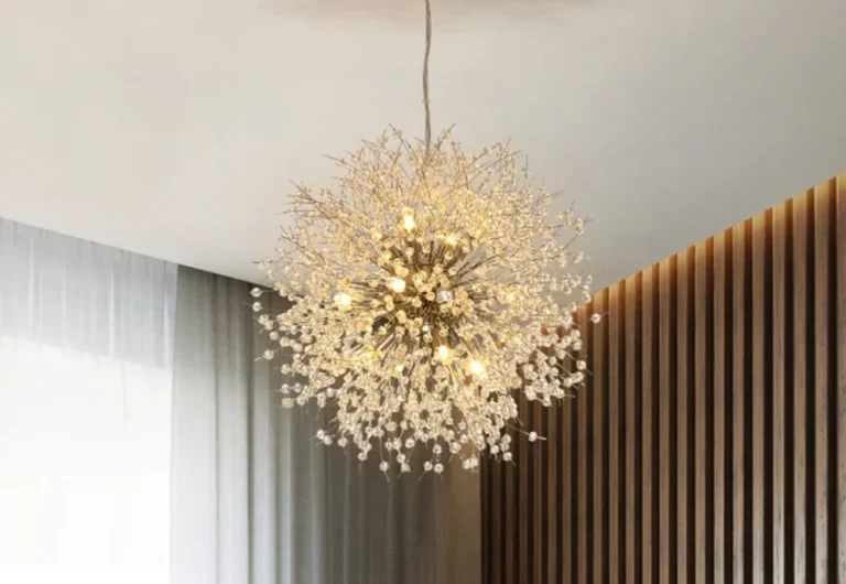 Elegant chandelier with radiant crystals in modern room.