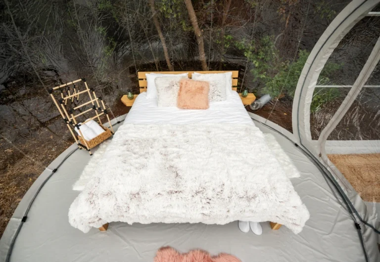 Cozy bed in a transparent dome tent in nature.