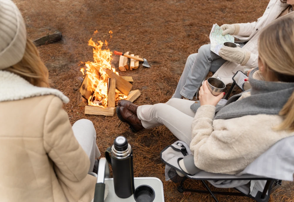 Friends enjoying campfire in forest setting.