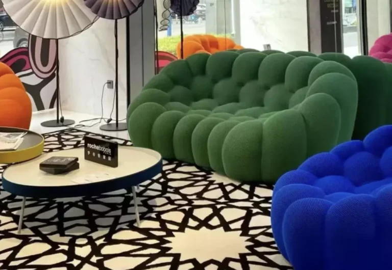 Colorful contemporary furniture in stylish showroom display.