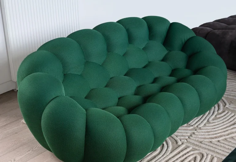 Green textured modular sofa in modern living room.