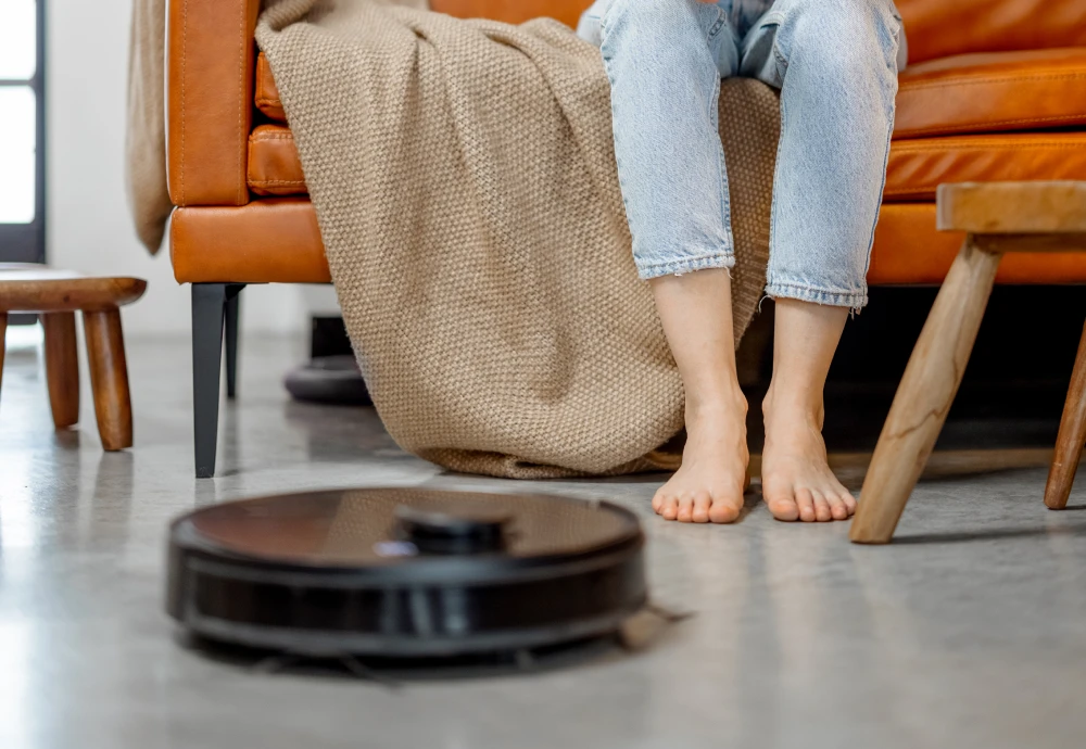 Person sitting by robot vacuum on living room floor.